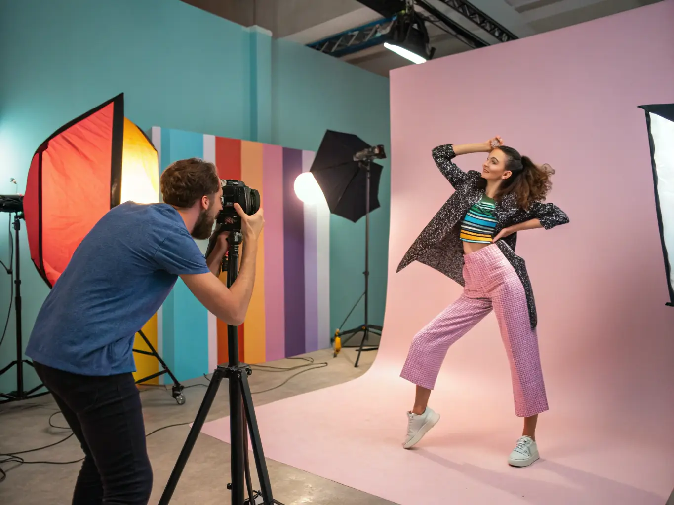 A behind-the-scenes shot of a model during a professional photoshoot, highlighting the support and guidance provided by Midwest Model Management.